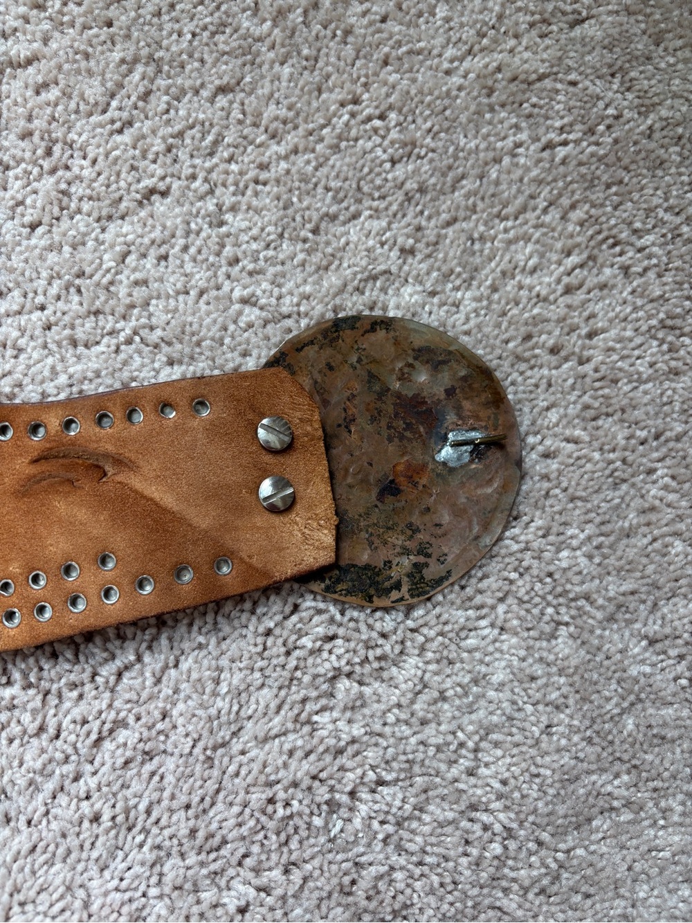 Vintage Wide Tooled Leather Scalloped Belt Oversized Buckle Boho Western Waist - Picture 9 of 16